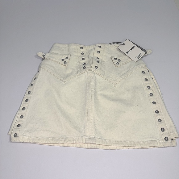 Re/Done Denim women’s Vintage white skirt sz 24 studs 90’s YTK Festival biker - Picture 1 of 11